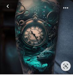 a man's arm with an image of a wolf and clock on the cover up