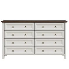 a white dresser with brown top and drawers on the bottom, in front of a white background