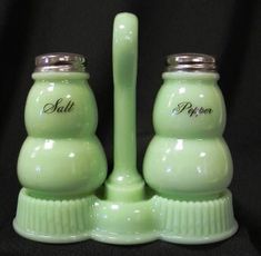 Jadeite Salt and Pepper in Holder Glass Types, Glass Salt And Pepper Shakers, Scottie Dogs, Mickey And Minnie Mouse