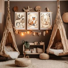 a bedroom decorated in neutral tones with pictures on the wall and lights hanging from the ceiling