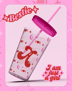 a pink cup with a straw in it and the words bestie written on it