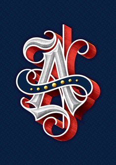 the letter a is made up of red, white and blue swirls on a black background