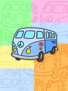 an image of a vw bus with flowers on the front and side panels in different colors