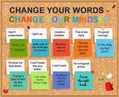 a cork board with words and notes on it that say change your words - change your minds