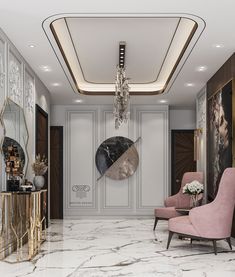 an elegant living room with marble floors and pink chairs in front of a chandelier