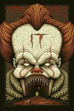 an image of a creepy clown with his mouth open and teeth wide open in front of him