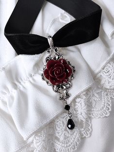 The price is for a choker only, others are not included.  Color: The color of the rosette. Garment Size SizeFree SizeFull Length30+5Width2 Red Goth Jewelry, Red Goth Clothes, Romantic Goth Jewelry, Red Goth, Rose Accessories, Black And Red Roses, Rose Choker, Gothic Choker, Collar Accessories