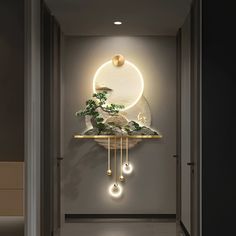 a wall mounted shelf with plants and lights on it in a hallway next to a door