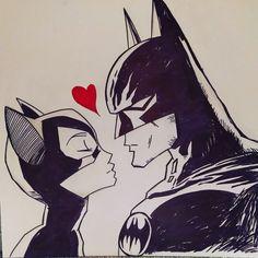 a drawing of batman and catwoman kissing each other with a heart in the background