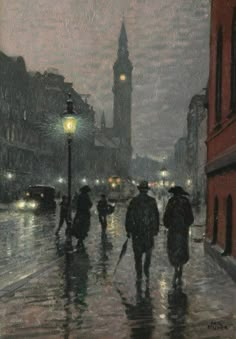 a painting of people walking in the rain