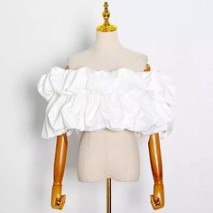 “Feels like summer” white top White Puff Sleeve Crop Top For Party, Off-shoulder Ruched Crop Top For Party, Ruched Off-shoulder Crop Top For Party, Chic Stretch Puff Sleeve Top With Ruffles, Ruched Cropped Tops For Party, Party Ruffled Crop Top Blouse, Party Ruffle Crop Top Blouse, Ruffled Crop Top Blouse For Party, Short Tops For Women