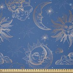 the sun, moon and stars are drawn on a blue background