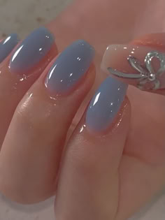 Korean light blue nails: jelly texture with a 3d ribbon accent Nail Ideas For Light Blue Dress, Light Blue Elegant Nails, Acrylic Nails Ideas Light Blue, Blue Translucent Nails, Pastel Prom Nails, Blue Sheer Nails, Light Blue Gel Nails Ideas, Ice Blue Nail Designs, Dainty Blue Nails