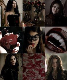 a collage of photos with vampire makeup and red lipstick on the lips, one woman's face is wearing a mask