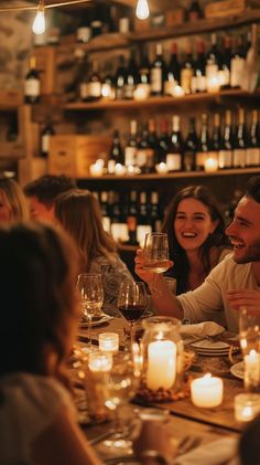 a group of people sitting at a table with wine glasses and candles in front of them