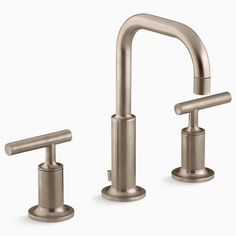 two faucets in brushed steel, one with handles and the other without handles