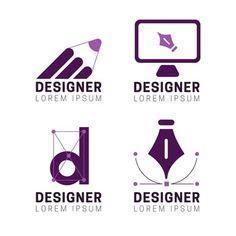 four logos with different types of pens, pencils and paper on white background illustration