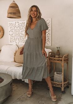 Women's Dress - Small Gingham Midi Dress | LOVESTITCH Picnic Plaid Midi Dress With Ruffles, Plaid Midi Dress With Ruffles For Picnic, Puff Sleeve Dress With Ruffle Hem For Picnic, Gingham Midi Dress For Garden Party, Bohemian Midi Dress For Picnic, Summer Gingham Midi Dress For Brunch, Summer Gingham Dress With Tiered Skirt, Spring Gingham Midi Dress, Gingham Midi Dress For Spring