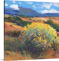 a painting of yellow flowers in the desert