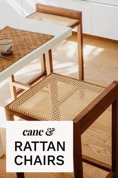 two chairs and a table with the words cane & rattan chairs