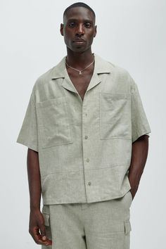 Available In Green, Ice Blue, White, Stone, Oatmeal, Blue and Black Fold Down Collar Front Button Closure Chest Pockets Short Sleeve 55% Linen, 45% Cotton Pair With "Bahamas Linen Cargo Short" Pair With "Bahamas Linen Shorts" Pair With "Bahamas Linen Pants" Imported | Mens Bahamas Linen Cuban Shirt in Green size Medium by Fashion Nova Shorts And Button Up Shirt Men, Mens Cuban Shirt, Luca Outfits, Linen Men Outfit, Aj Aesthetic, Men Linen Pants, Mens Vacation Outfits, Linen Pants For Men, Sewing Outfits