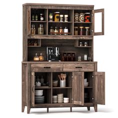 an open cabinet with many items on it