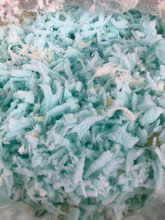 shredded blue and white food in a plastic bag