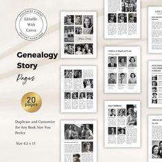 a bunch of pages that are on top of each other with the words, genalelogy story page 20 pages