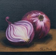 an oil painting of two onions and one onion