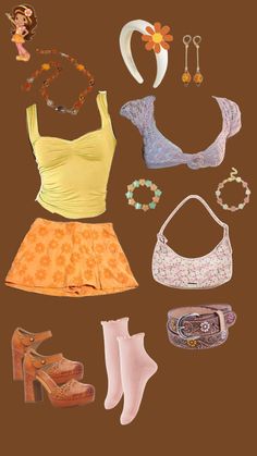 an assortment of women's clothing and accessories are arranged on a brown background,