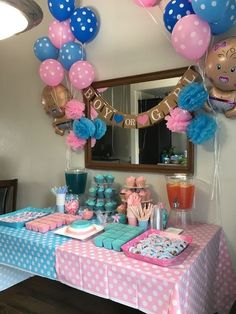 Gender Reveal Schedule, Table Decor For Gender Reveal Party, Gender Reveal Treat Table Ideas, Gender Reveal Treats Table, Gender Reveal Food Table Set Up, Gender Reveal Park Party Ideas, Home Gender Reveal Ideas, Gender Reveal Treat Ideas