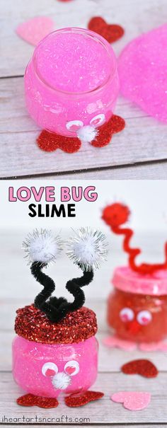 a pink and red craft with glitter on it that says love bug slime in the middle