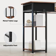 an image of a book shelf with metal legs and wood top in the middle, along with instructions on how to use it