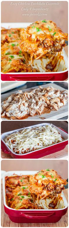 four different views of food in pans on a table with text overlay that reads easy cheesy casserole