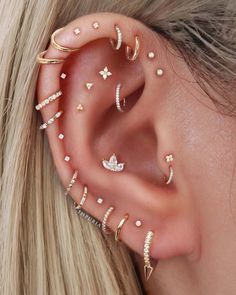 a woman's ear with many different types of piercings