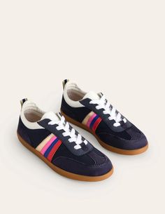 Erin Retro Tennis Sneakers - Navy/Rainbow | Boden US Casual Blue Sneakers For Tennis, Blue Casual Tennis Sneakers, Business Casual Sneakers, Retro Tennis, Tennis Trainer, Tennis Sneakers, Retro Vibe, Casual Sneakers, Business Casual