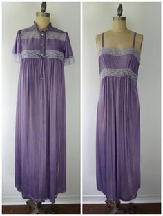 Pretty smokey purple 2 piece robe and nightgown set with sheer light purple lace accents. The robe has a high ruffle collar. 3 button closure at the top. hand dyed by me. Some discolration occurs during the dyeing process. wash cool and hang to dry.  Label: Gilead Size: Medium Bust:  38 Waist: 36 empire Hips: 54 Length: 56 Robe: petite Shoulders: 15 Pit to Pit: 19 Length:54 Measurements taken flat Message me with any questions. Items over $50 will be shipped priority.  Check out my shop page for more vintage and for shop policies: http://www.etsy.com/shop/vintageontherocksri Also like my FB page. I post about sales and new items: https://www.facebook.com/vintageontherocksri Nightgown Sets, Peignoir Sets, Pensacola Fl, Pajama Robe, Womens Pyjama Sets, Purple Lace, Ruffle Collar, Dyeing Process, Pajama Sets