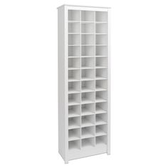 a tall white bookcase with many shelves