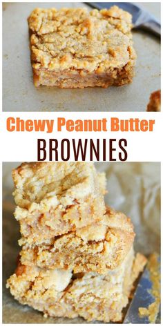 chewy peanut butter brownies are stacked on top of each other and ready to be eaten