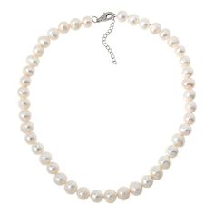 Kwan Collections 9-10mm Cultured Freshwater Pearl 18" Necklace  The timeless elegance of cultured freshwater pearls is embodied in this classic 18" strand. Hand-strung and individually hand-knotted, this pearl necklace includes a 2" extender so it's easy to customize for most any outfit or occasion!       Approx. 18"L x 7/16"W with 2" extender     Stamped .925; rhodium plating     Lobster claw clasp; chain link extender     Single strand, 9-10mm white cultured freshwater pearls   Stone Information       All sizes and weights approximate     Cultured White Freshwater Pearls - Off-round (9-10mm) White Freshwater Pearl, Oui Oui, Freshwater Cultured Pearls, Lobster Claw, Chain Link, Fresh Water, Freshwater Pearls, Timeless Elegance, Hand Knotted