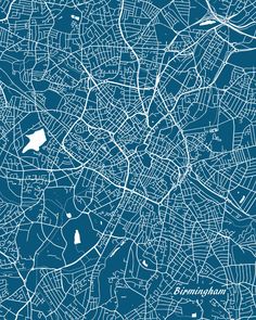 a blue and white map of the city of birmingham, england with lines in all directions