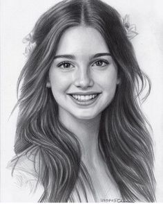 a pencil drawing of a woman with long hair and flowers in her hair, smiling at the camera