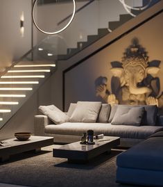 a living room with couches, coffee table and stairs in front of the wall