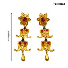 "Pattern 1: Traditional Nepali jewelry called \"Chepti Sun\" is mostly worn by the Tamang, Rai, Limbu etc. castes and ethnic groups of Nepal. Chepti Sun earring means round flat gold earring. Pattern 2: A lovely Makasi earring is a Newari earring with a bucket form. It usually goes with the traditional attire that Newari women wear. Pattern 3:  Yarling Earring  Women from the Limbu, Magar, Rai, etc. groups typically wear yarlings as traditional earrings. Women wear this earring  with their traditional attire. Length- 7.5cm Approx." Indian Bridal, Sun Earring, Nepali Jewelry, Traditional Earrings, Traditional Attire, Earrings Women, Wedding Jewelry Earrings, Wedding Earrings, Women's Earrings