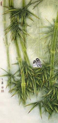 two birds sitting on top of a bamboo tree next to another bird in the middle