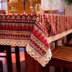 a table with a red and white cloth on it