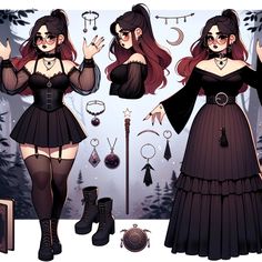 Pagan Outfits Witches, Romantic Goth Outfits Plus Size, Outfits For Round Body Shape, Cute Witch Outfits, Witch Vtuber, Chubby Female Character Art, Witch Inspired Outfit, Vtuber Inspiration, Chubby Goth