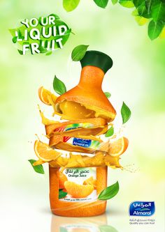 an advertisement for orange juice with the words your liquid fruit written in arabic on it