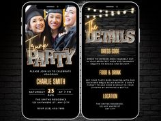 two cell phones with graduation party flyers on them