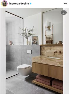 a white toilet sitting next to a wooden counter top in a bathroom under a mirror